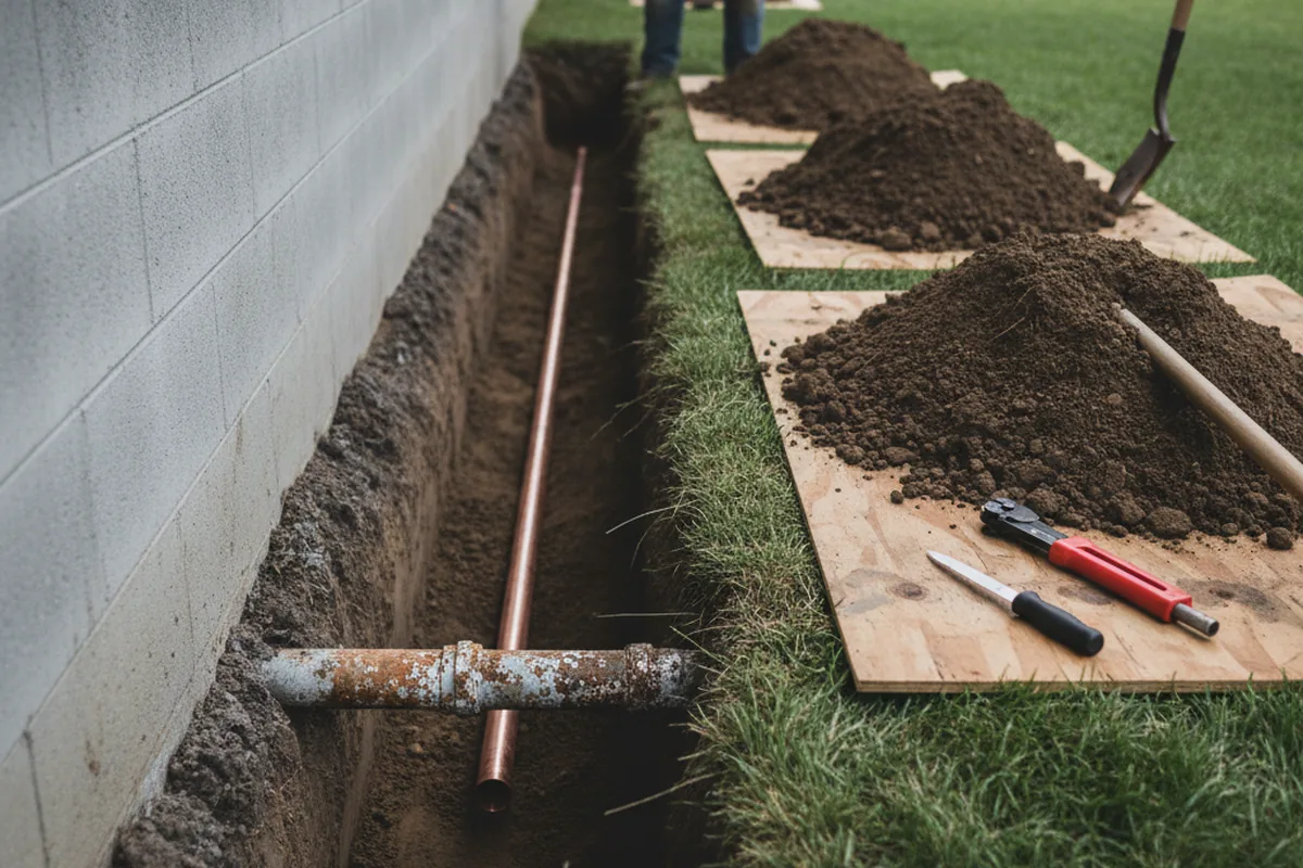 Excavated water line trench during Sewer Line Repair in Romeo